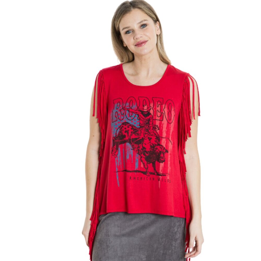 VOCAL Red Rodeo American Wilds Fringe T Shirt Top Women's Size XL NWT